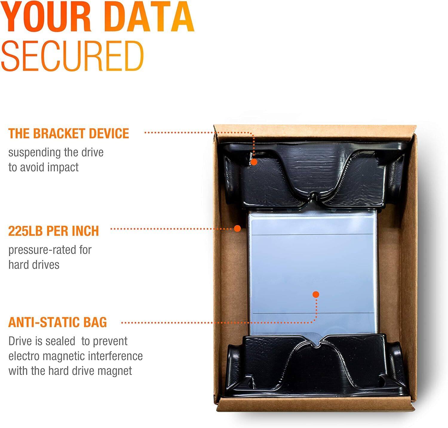 YOUR DATA SECURED

THE BRACKET DEVICE  
suspending the drive to avoid impact

225LB PER INCH  
pressure-rated for hard drives

ANTI-STATIC BAG  
Drive is sealed to prevent electro magnetic interference with the hard drive magnet
