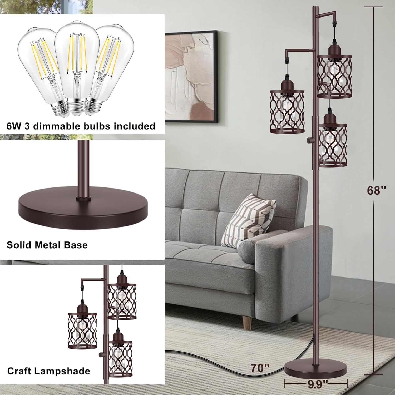- 6W 3 dimmable bulbs included
- Solid Metal Base
- Craft Lampshade
- 68"
- 70"
- 9.9"