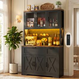 Aheaplus - 71'' Tall Pantry Cabinet, 39.4'' Wide Pantry with 2 Drawers, Charging Station, and LED Lights - Black & Rustic