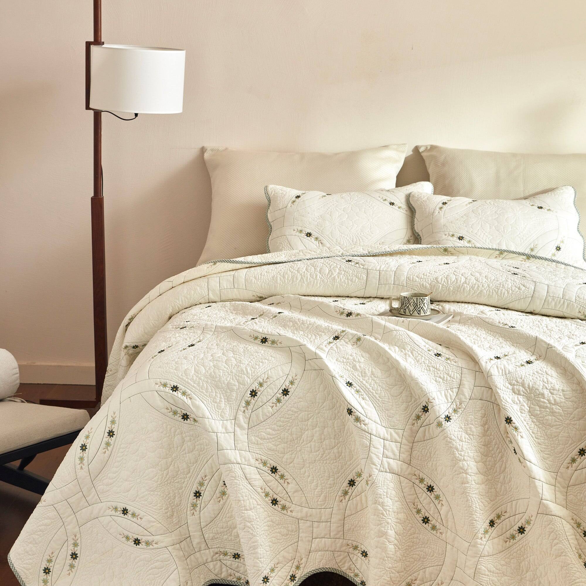 Alt View 1. MarCielo - Marcielo 3 Pieces Lightweight Cotton Quilt Bedspread Set – European Cottage Floral - White.
