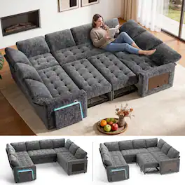 Dyonery - 8-Seat Modular Sectional Sleeper Sofa with Pull Out Bed/Reclining Backrest/USB Ports/Table/LED Light/Storage - Gray