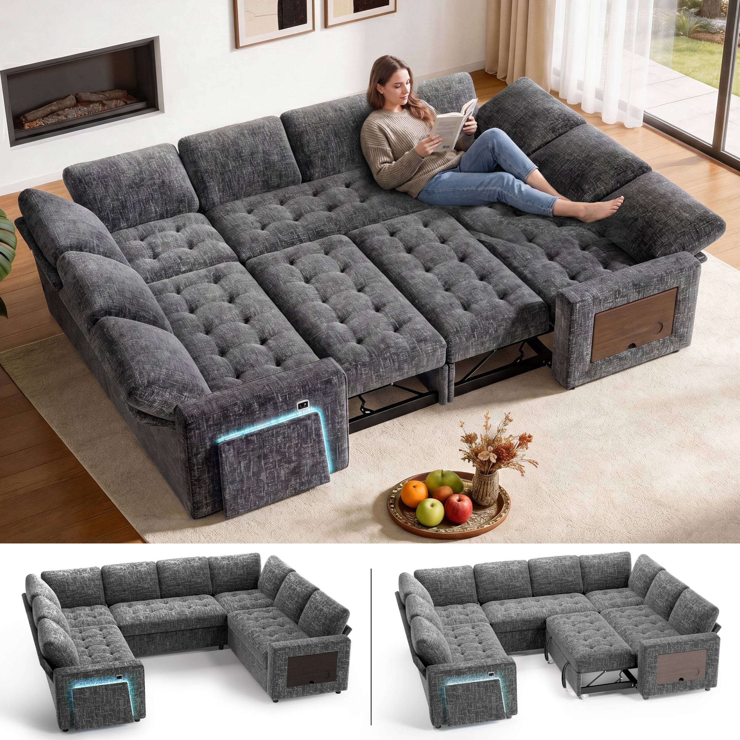Dyonery - 8-Seat Modular Sectional Sleeper Sofa with Pull Out Bed/Reclining Backrest/USB Ports/Table/LED Light/Storage - Gray
