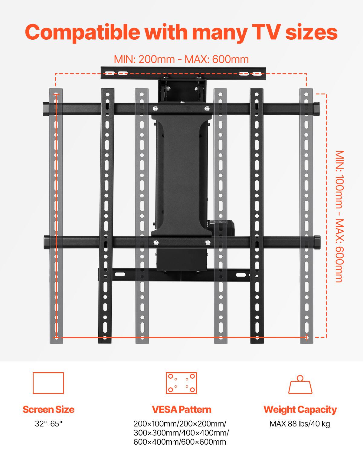 Compatible with many TV sizes

MIN: 200mm - MAX: 600mm  
MIN: 100mm - MAX: 600mm

Screen Size: 32"-65"

VESA Pattern:  
200x100mm/200x200mm/300x300mm/400x400mm/600x400mm/600x600mm

Weight Capacity: MAX 88 lbs/40 kg