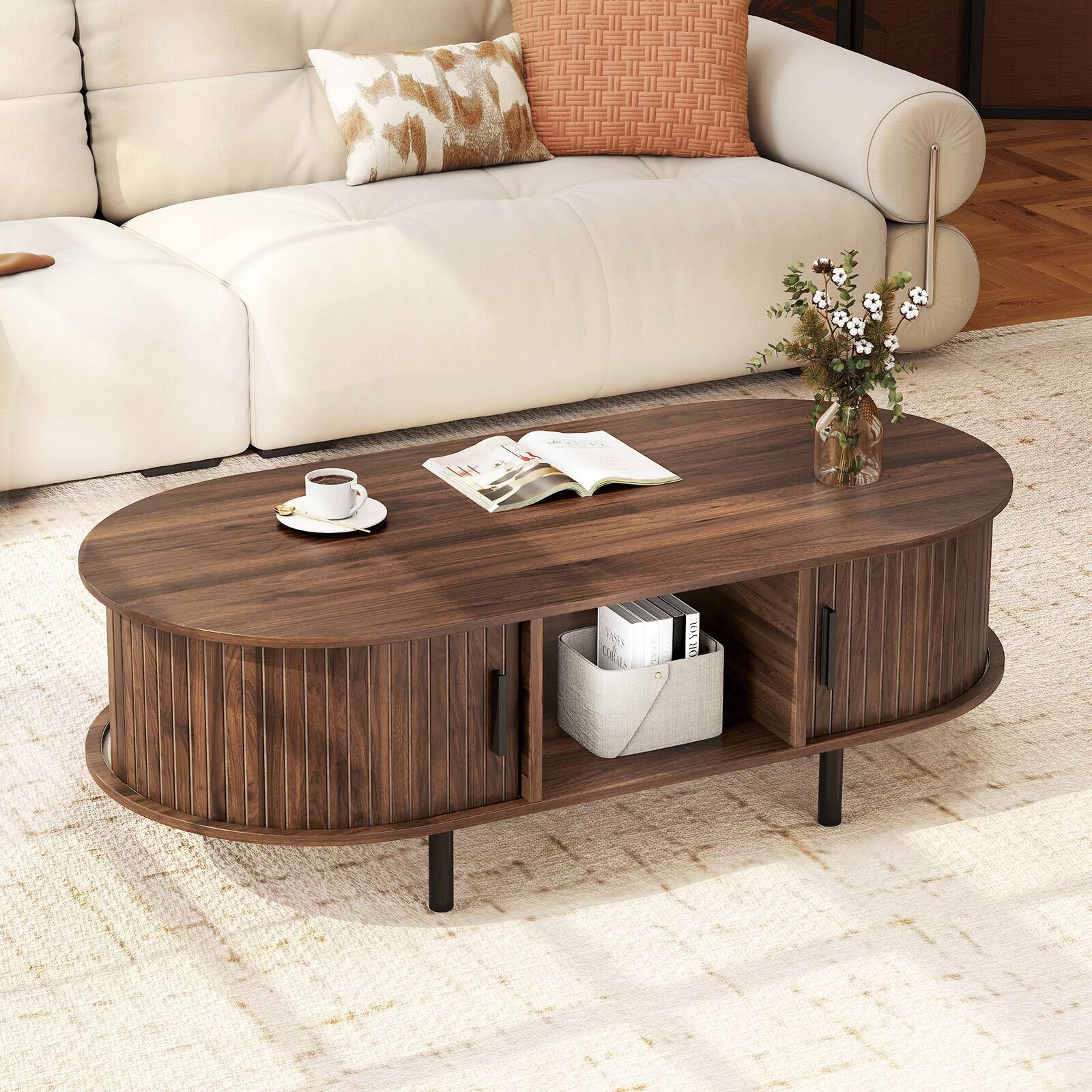 Alt View 2. SlickBlue - Mid Century Modern Center Table with Sliding Fluted Doors & Open Storage Compartment - Walnut.