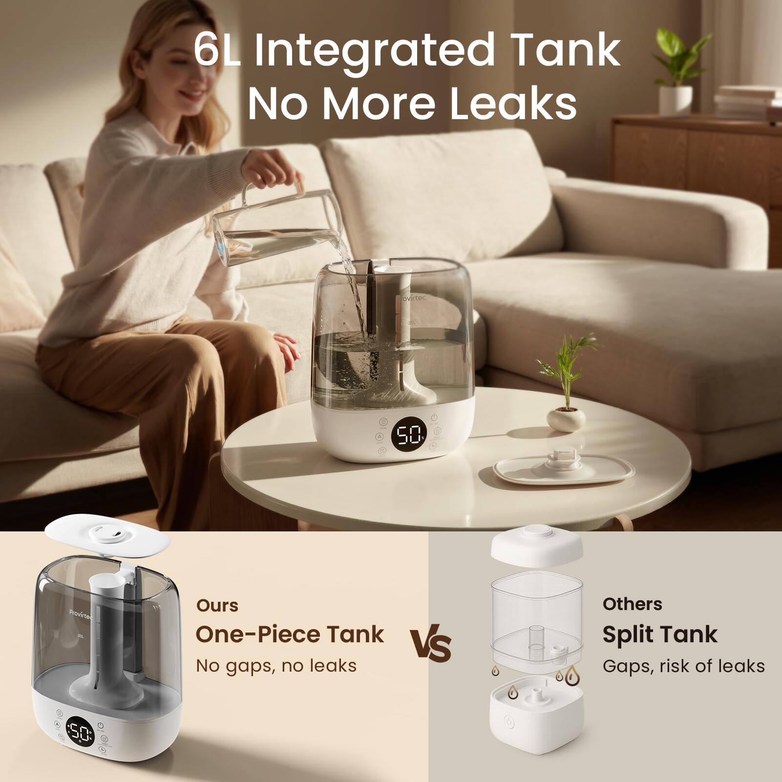 6L Integrated Tank No More Leaks

Ours One-Piece Tank
No gaps, no leaks

Others Split Tank
Gaps, risk of leaks
