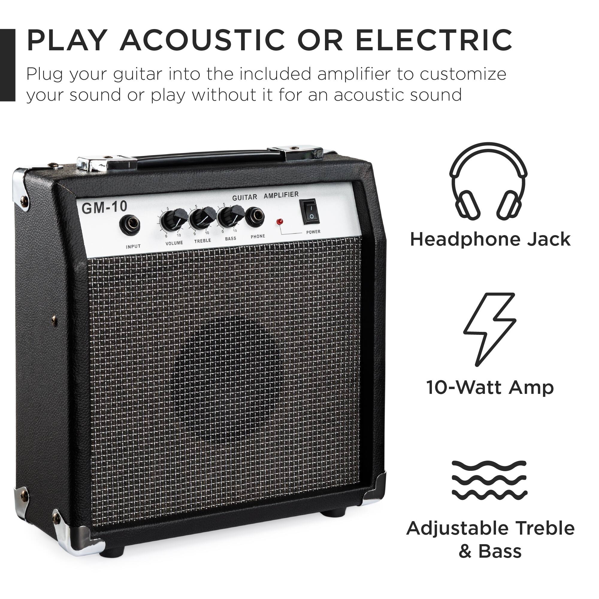PLAY ACOUSTIC OR ELECTRIC

Plug your guitar into the included amplifier to customize your sound or play without it for an acoustic sound

GM-10 GUITAR AMPLIFIER

- 10-Watt Amp
- Adjustable Treble & Bass
- Headphone Jack