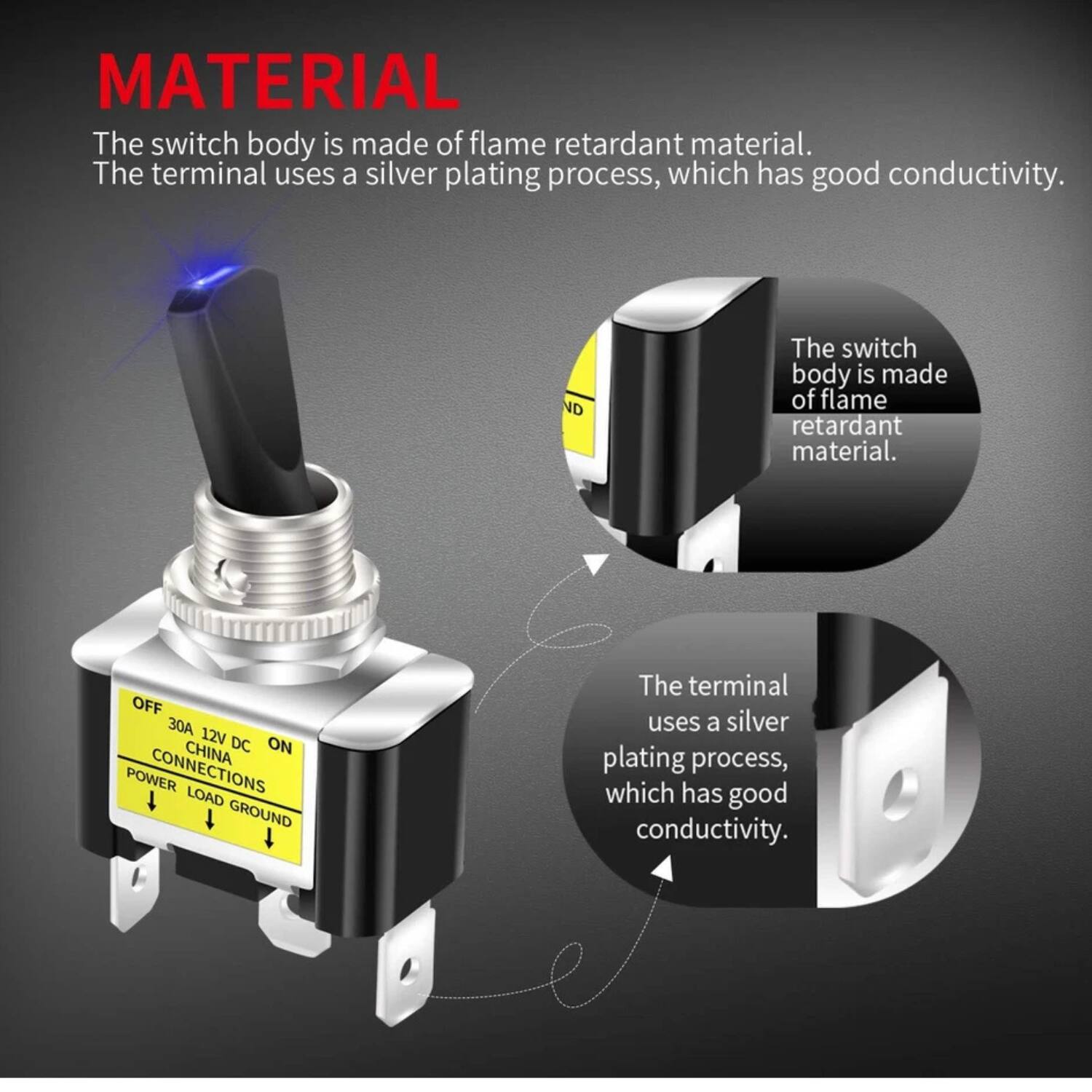 **MATERIAL**

The switch body is made of flame retardant material. The terminal uses a silver plating process, which has good conductivity.

- The switch body is made of flame retardant material.
- The terminal uses a silver plating process, which has good conductivity.