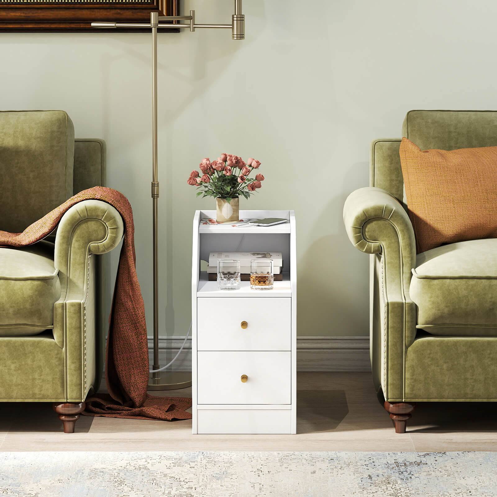 Alt View 3. Costway - Costway Side Table with Charging Station, Storage Drawers, Sofa Couch Table for Small Space - White.