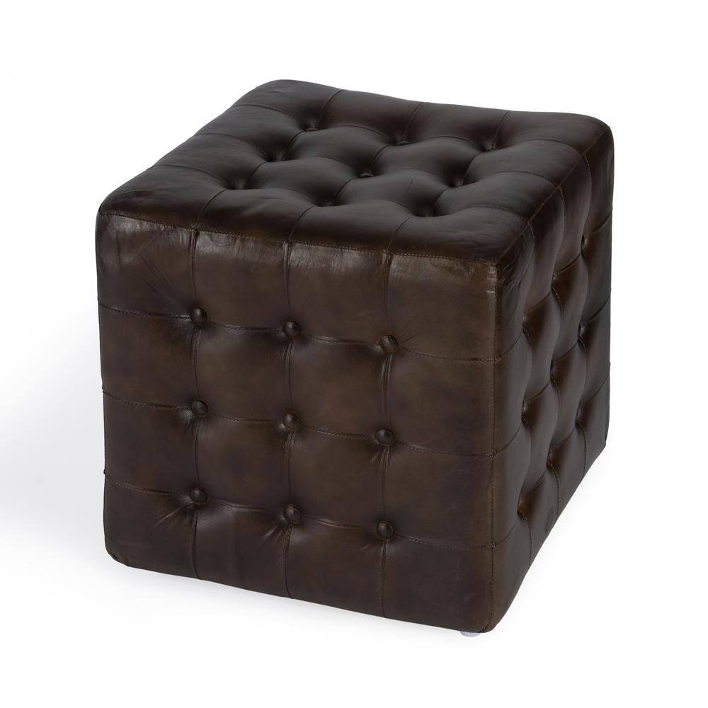 Alt View 2. Butler Specialty - Leon Button Tufted Leather Ottoman - Dark Brown.