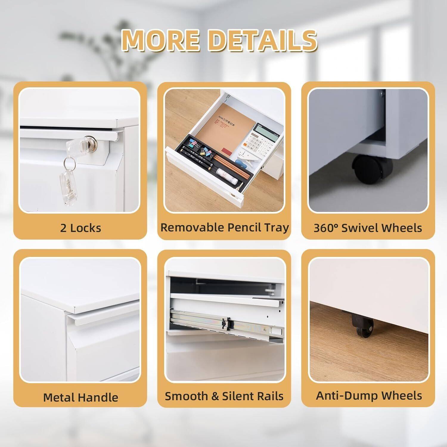 MORE DETAILS

- 2 Locks
- Removable Pencil Tray
- 360° Swivel Wheels
- Metal Handle
- Smooth & Silent Rails
- Anti-Dump Wheels
