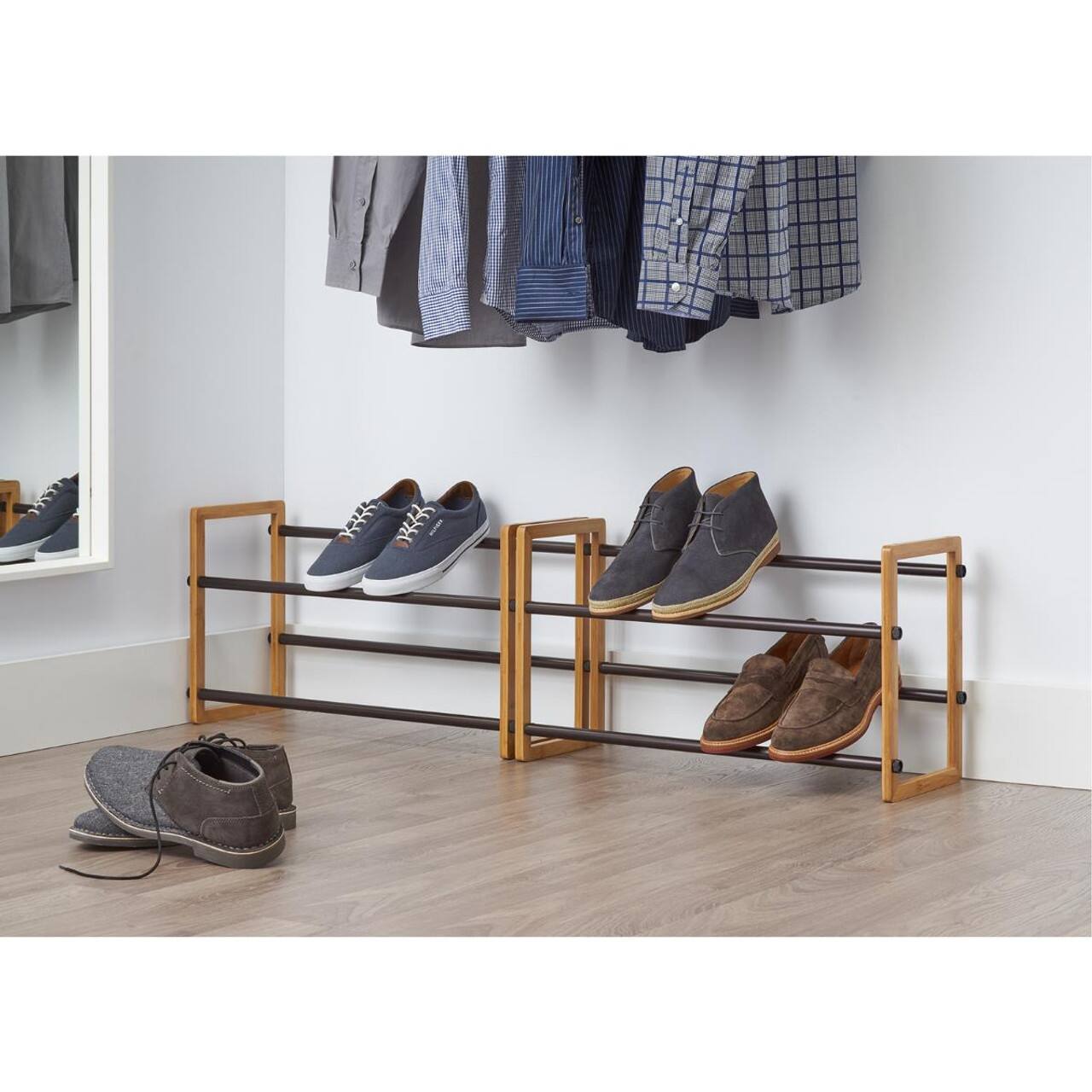 Left. TRINITY - BASICS 2-Tier Expandable Shoe Rack 2-Pack Bamboo - Natural.