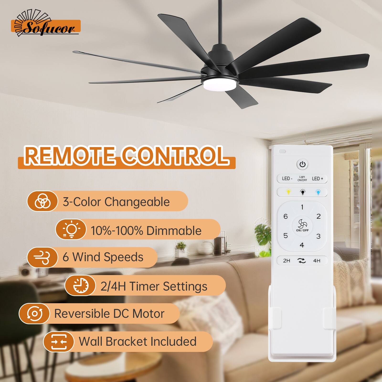 Sofucor REMOTE CONTROL LED Ceiling Fan  
- 3-Color Changeable  
- 10%-100% Dimmable  
- 6 Wind Speeds  
- 2/4H Timer Settings  
- Reversible DC Motor  
- Wall Bracket Included