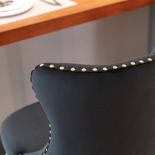 Alt View 5. LUCKY ONE - Assembled Adjustable Height Swivel Bar Stool Set of 2 Velvet Tufted with Golden Metal Base - Black.