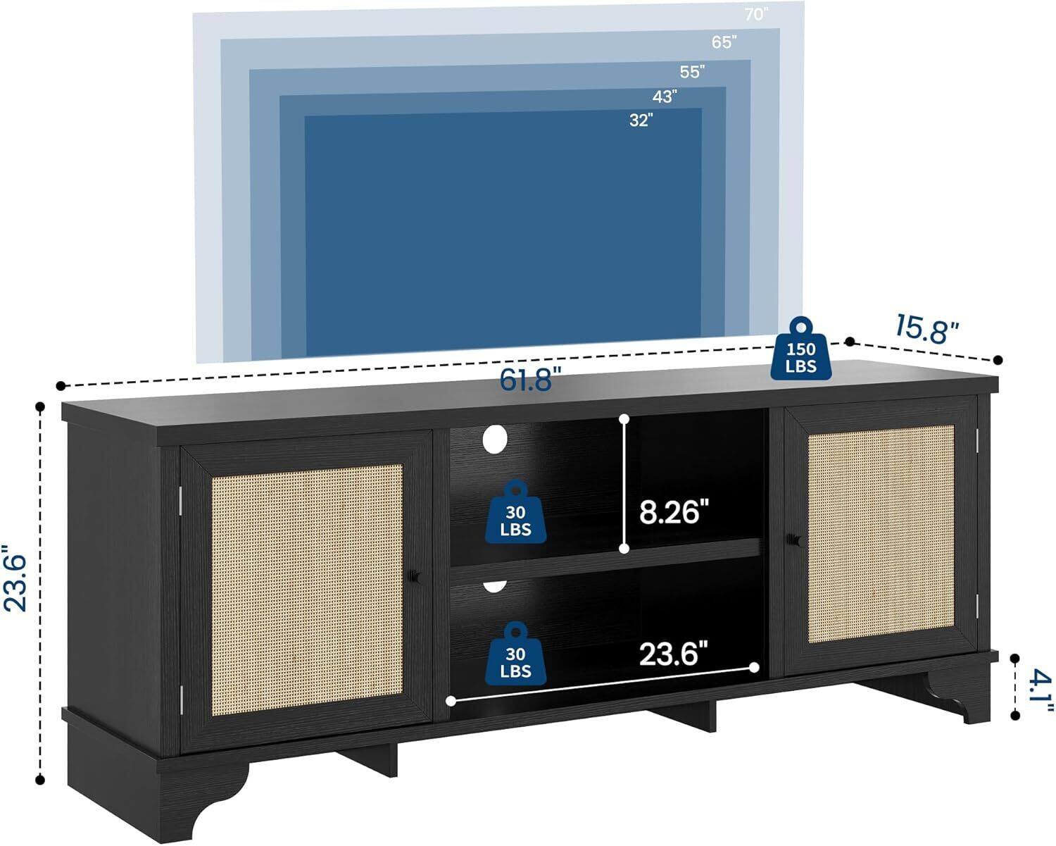 70" 65" 55" 43" 32" 61.8" 150 LBS 15.8" 23.6" 30 LBS 30 LBS 8.26" 23.6" 4.1'