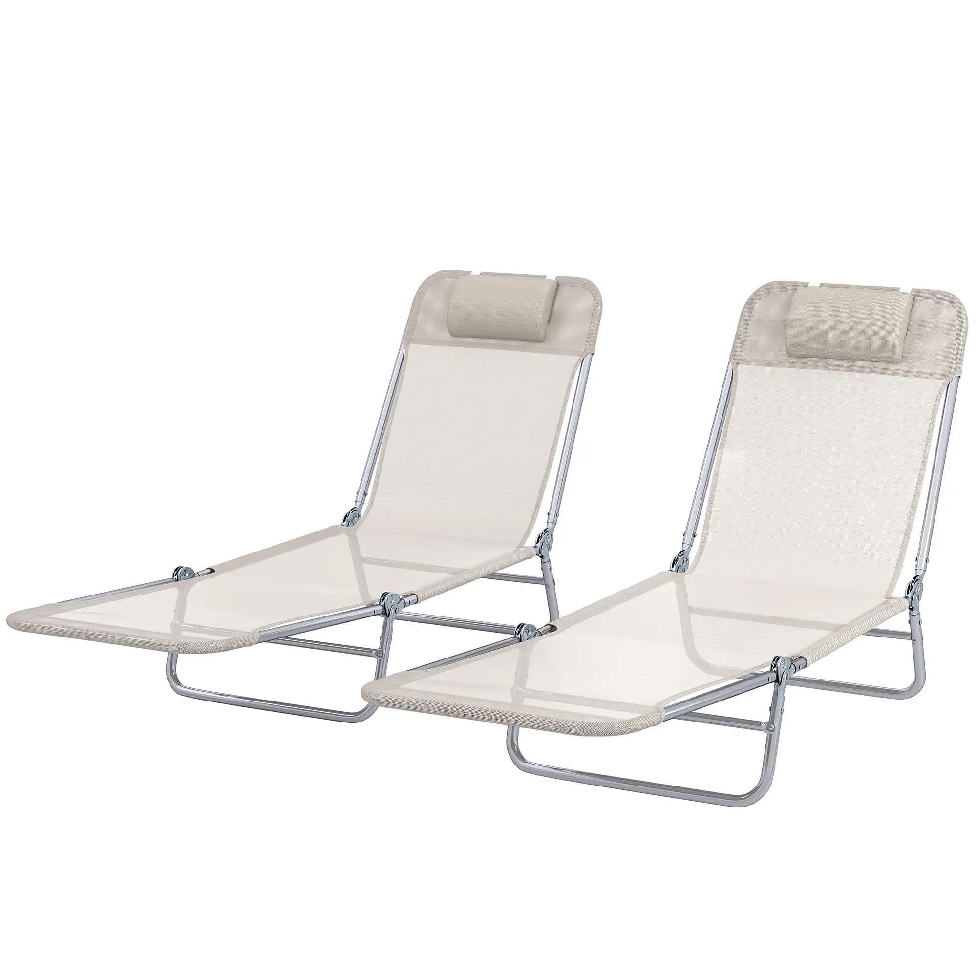 Spaco - 2 Piece Folding Sun Loungers, Reclining Mesh Chairs, Headrest, Outdoor - Cream White