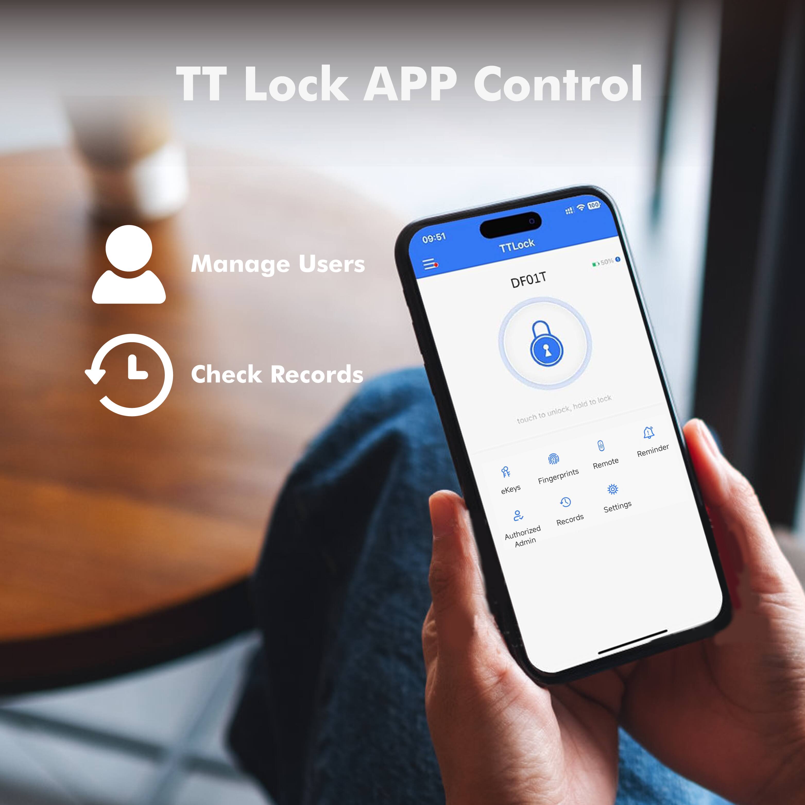 TT Lock APP Control

Manage Users

Check Records

TT Lock DF01T 0% Check Records

eKeys Fingerprints Remote Reminder

Authorized Admin Records Settings