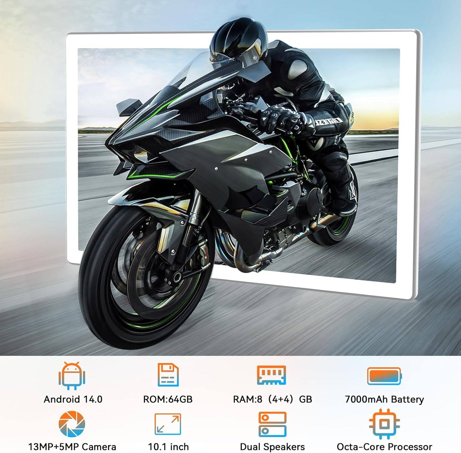 - Android 14.0
- ROM: 64GB
- RAM: 8 (4+4) GB
- 7000mAh Battery
- 13MP+5MP Camera
- 10.1 inch
- Dual Speakers
- Octa-Core Processor