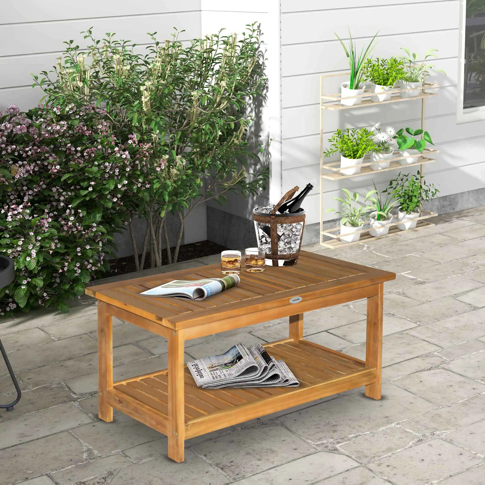 Alt View 1. Outsunny - 36" Outdoor Coffee Table 2-Shelf Acacia Wood Rectangular Buffet Storage Organizer Natural Finish Teak Patio - Teak.
