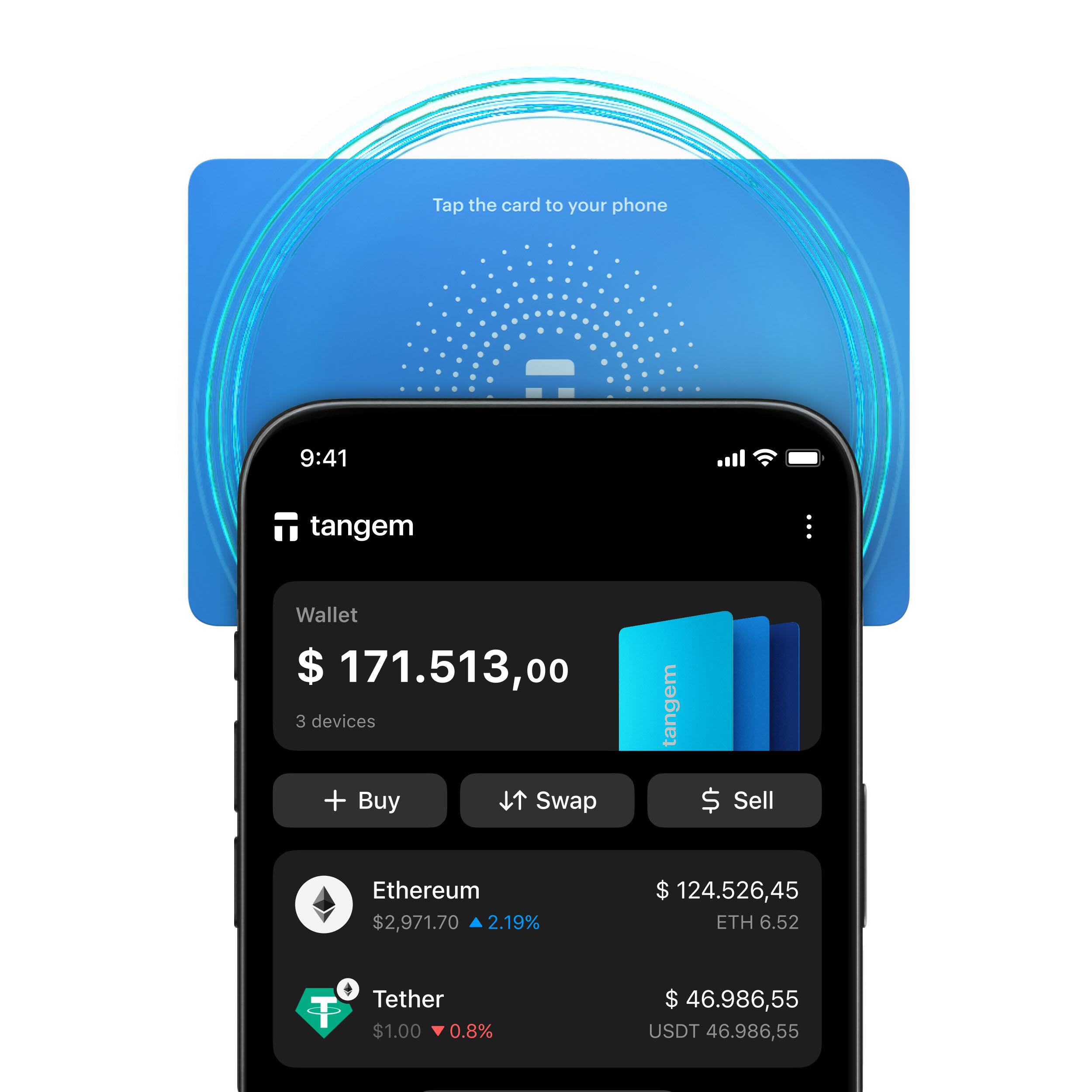 Tap the card to your phone

9:41

tangem Wallet $171,513.00  
3 devices

+ Buy  
Swap  
Sell

Ethereum $2,971.70 (2.19%)  
$124,526.45 ETH 6.52

Tether $1.00 (0.8%)  
$46,986.55 USDT 46,986.55