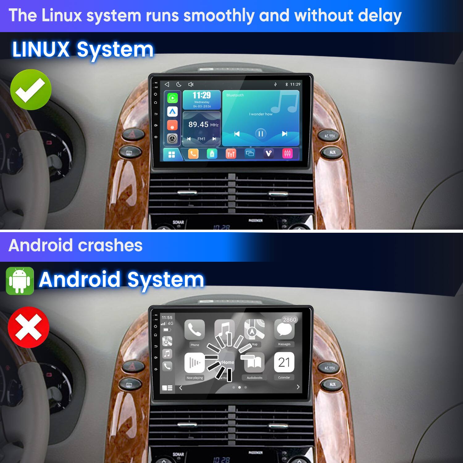 The Linux system runs smoothly and without delay  
LINUX System  

11:29  
11:29 Wednesday 04-03 2026  
Bluetooth  
I wonder how  
89.45 MHz  
FM1  
ALIX  
Android crashes  
SONAR  
10:28  
PASSENGEN  
Android System 11:55 ml 4G X 0 Q Phone U Home +  
Kap  
2860 messages 21  
AC 154  
for playing  
Audiobooks  
Calendar  
AUX  

SONAR  
10 28  
PROCENGER