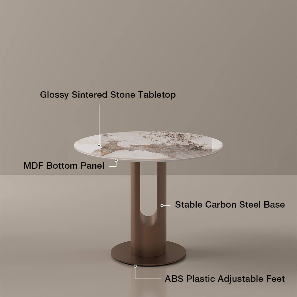 Glossy Sintered Stone Tabletop  
MDF Bottom Panel  
Stable Carbon Steel Base  
ABS Plastic Adjustable Feet