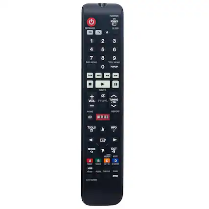 FUNCTION TV SOURCE RECEIVER SLEEP BD TV 1 2 3 4 5 6 7 DISC MENU 8 0 9 TITLE MENU POPUP H D " MUTE + S/W LEVEL TUNING VOL CH / - HOME REPEAT NETFLIX TOOLS INFO i RETURN EXIT G + TUNES MEMORY MOST A B C D SMART SLARCH 20-30 3 SOUND HUB Vianer AUDHO SUBTITLE SOUND EFFECT 0240BA