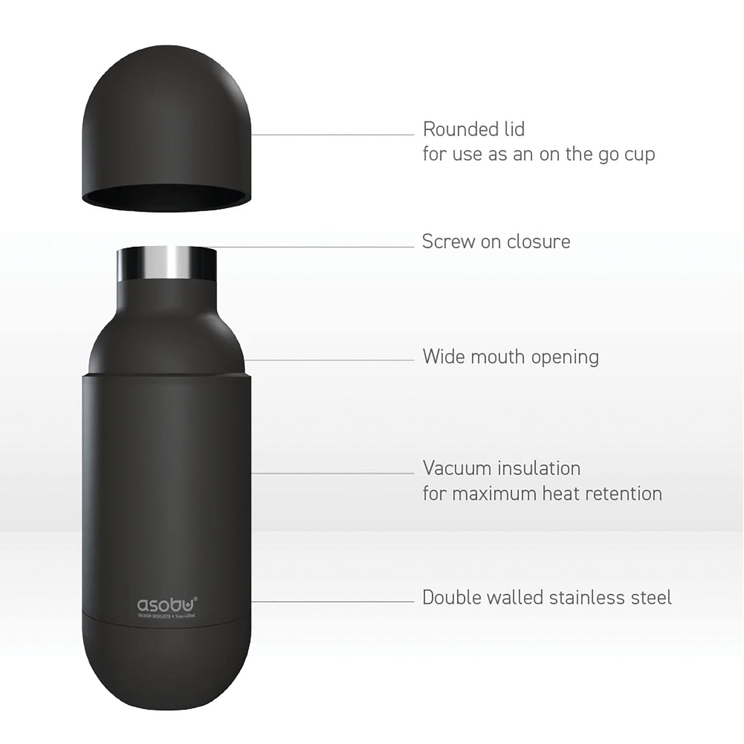 - Rounded lid for use as an on the go cup
- Screw on closure
- Wide mouth opening
- Vacuum insulation for maximum heat retention
- Double walled stainless steel