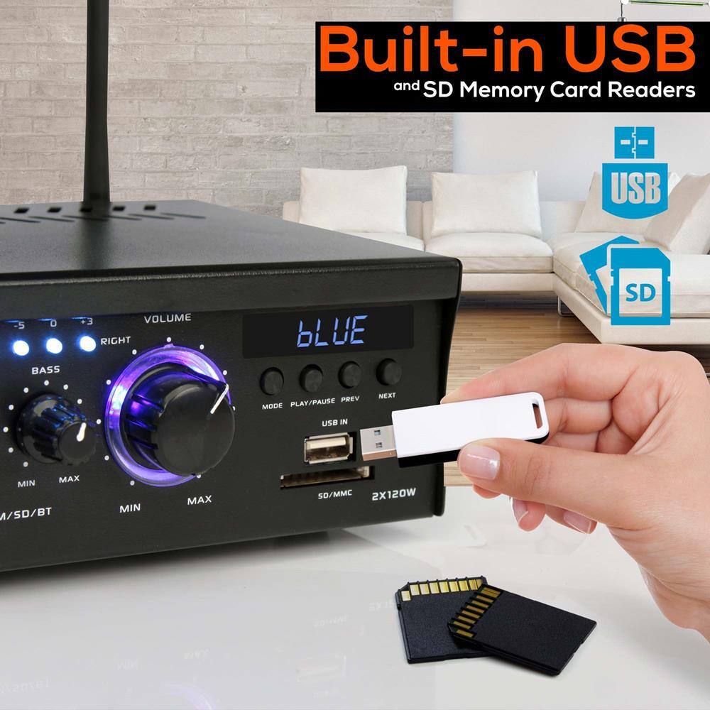 Built-in USB and SD Memory Card Readers
- USB
- SD
VOLUME
- BASS MIN MAX
- VOLUME MIN MAX
- RIGHT
MODE PLAY/PAUSE PREV NEXT
USB IN
SD/MMC
2X120W
4/SD/BT
wosrXs 20v81