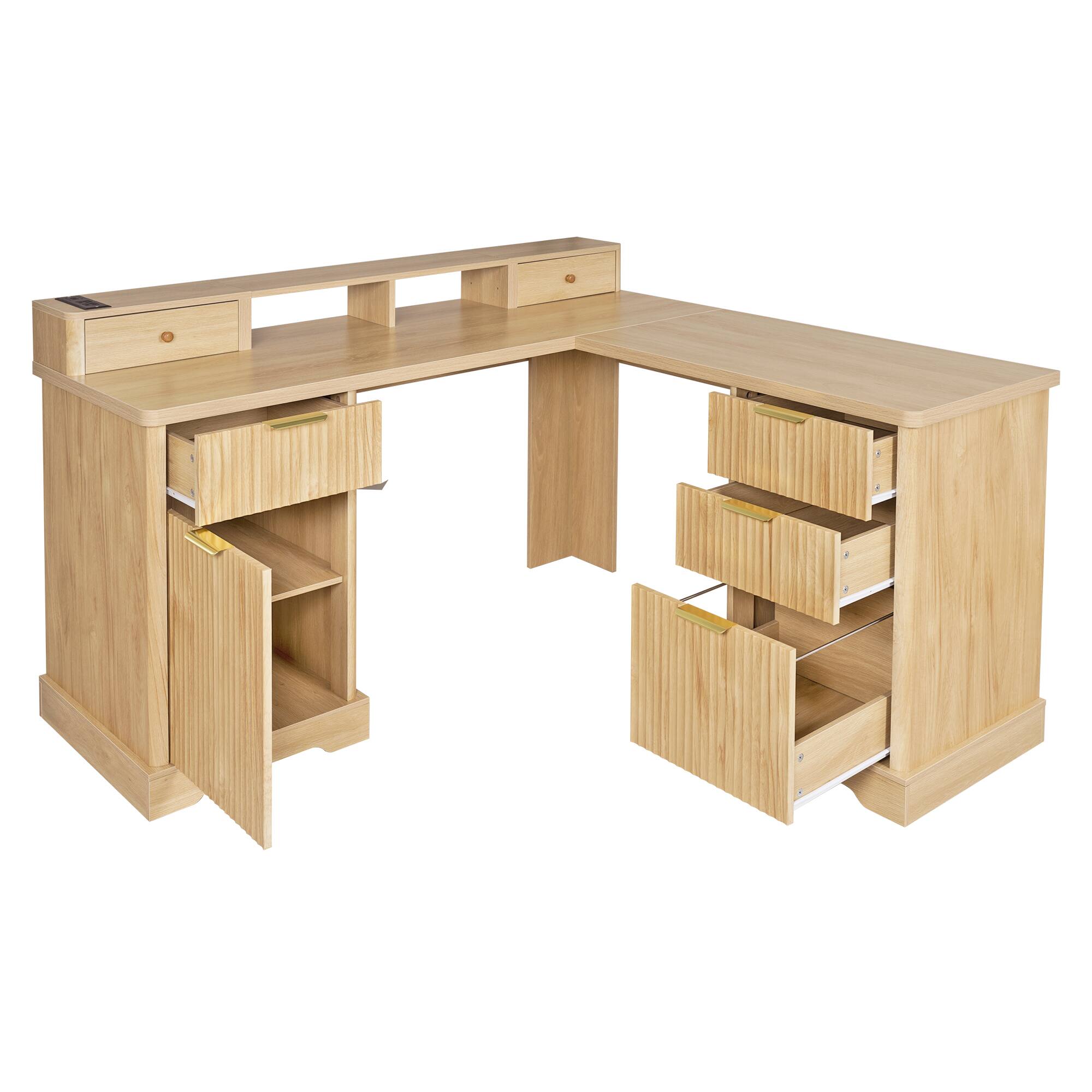 Alt View 9. Loheer - Loheer L Shaped Desk with Charging Station, Modern Fluted Oak Home Office Desk with File Drawer and Cabinet - Light Oak.