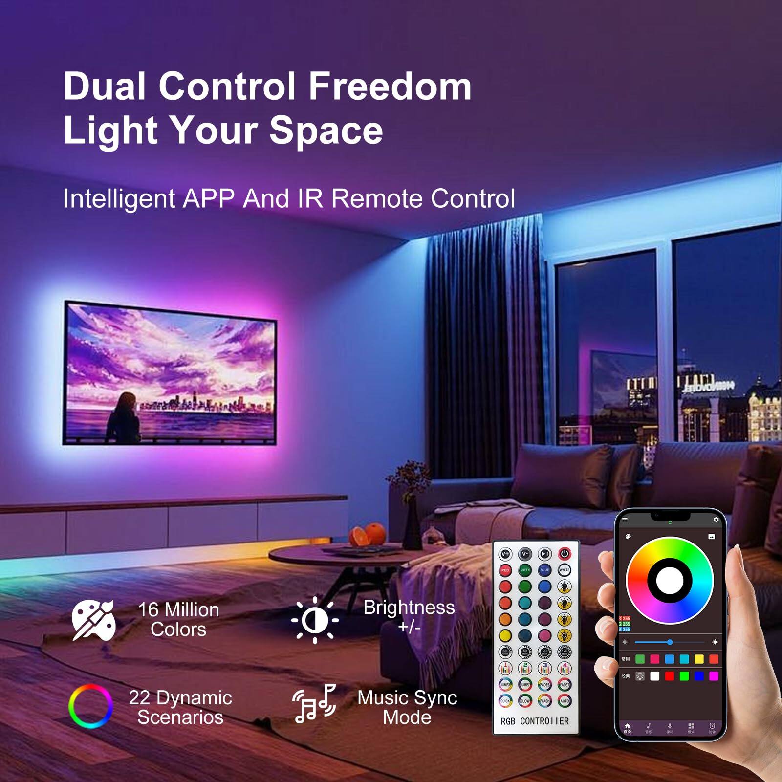 Dual Control Freedom Light Your Space  
Intelligent APP And IR Remote Control  

16 Million Colors  
22 Dynamic Scenarios  
Brightness +/-  
Music Sync Mode  

RGB CONTROLLER
