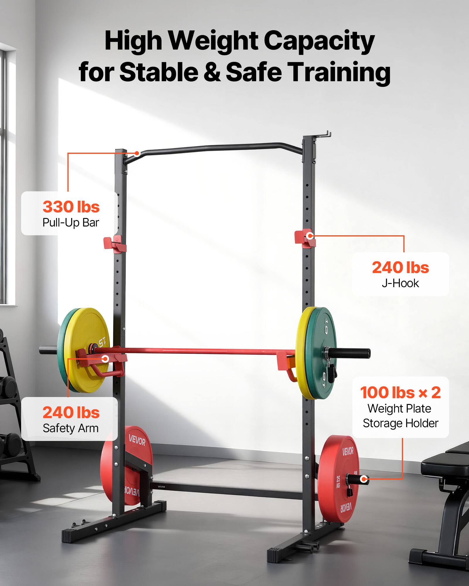 High Weight Capacity for Stable & Safe Training  
- 330 lbs Pull-Up Bar  
- 240 lbs J-Hook  
- 240 lbs Safety Arm  
- 100 lbs x 2 Weight Plate Storage Holder