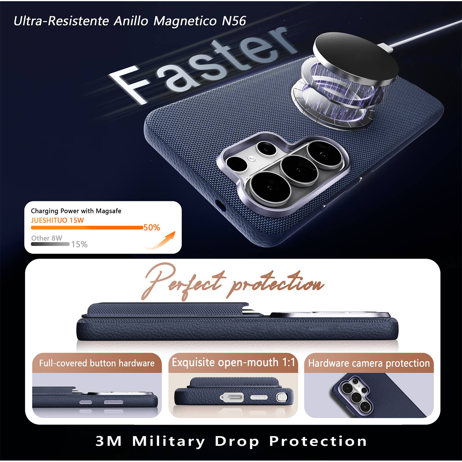 Ultra-Resistente Anillo Magnético N56  
Faster Charging Power with Magsafe  
JUESHITUO 15W 50%  
Other 8W 15%  

Perfect Protection  
Full-covered button hardware  
Exquisite open-mouth 1:1  
Hardware camera protection  

3M Military Drop Protection