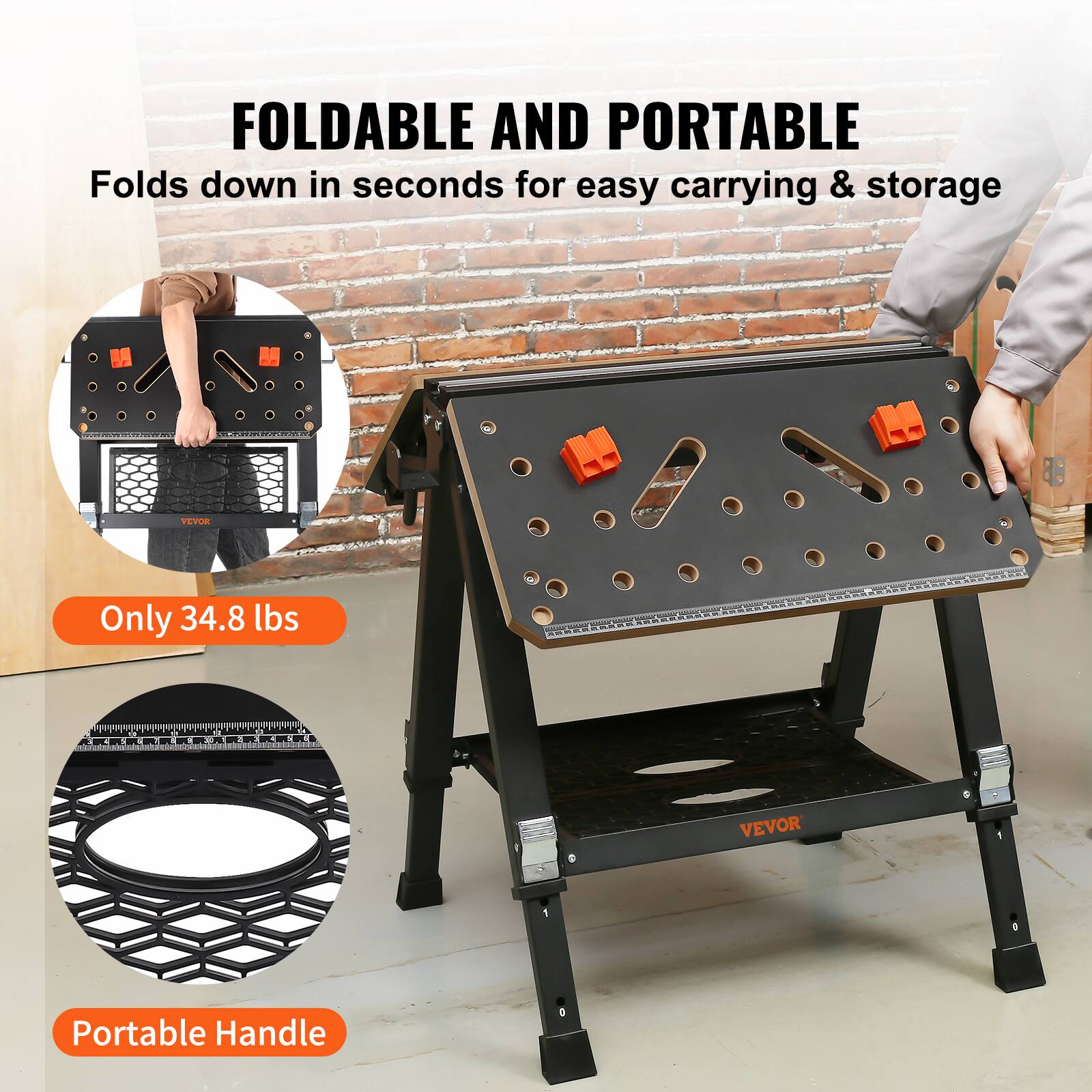 FOLDABLE AND PORTABLE  
Folds down in seconds for easy carrying & storage  

Only 34.8 lbs  

Portable Handle