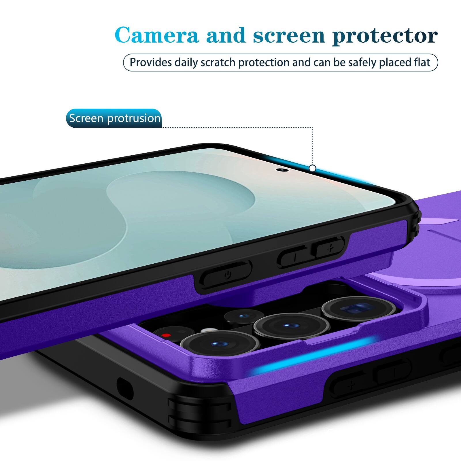 Camera and screen protector  
Provides daily scratch protection and can be safely placed flat  
Screen protrusion