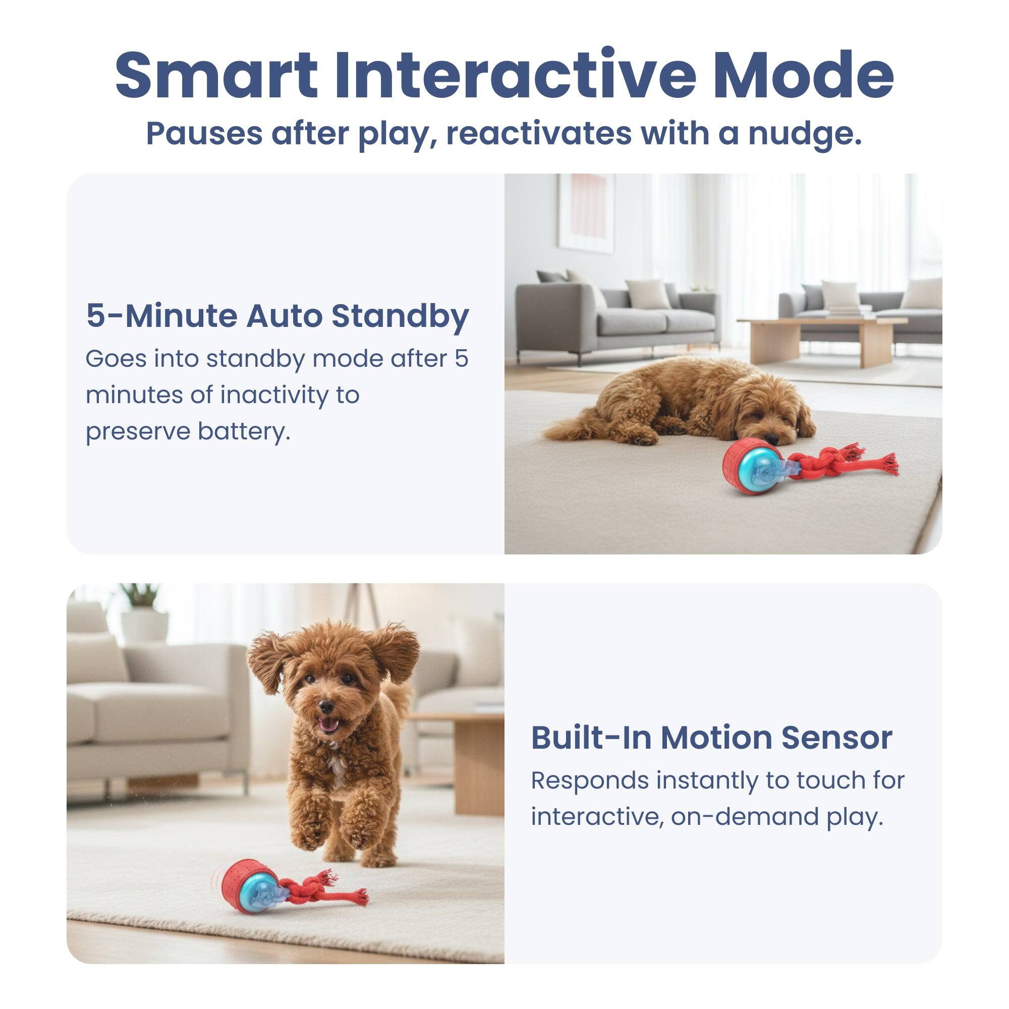 Smart Interactive Mode  
Pauses after play, reactivates with a nudge.  

5-Minute Auto Standby  
Goes into standby mode after 5 minutes of inactivity to preserve battery.  

Built-In Motion Sensor  
Responds instantly to touch for interactive, on-demand play.