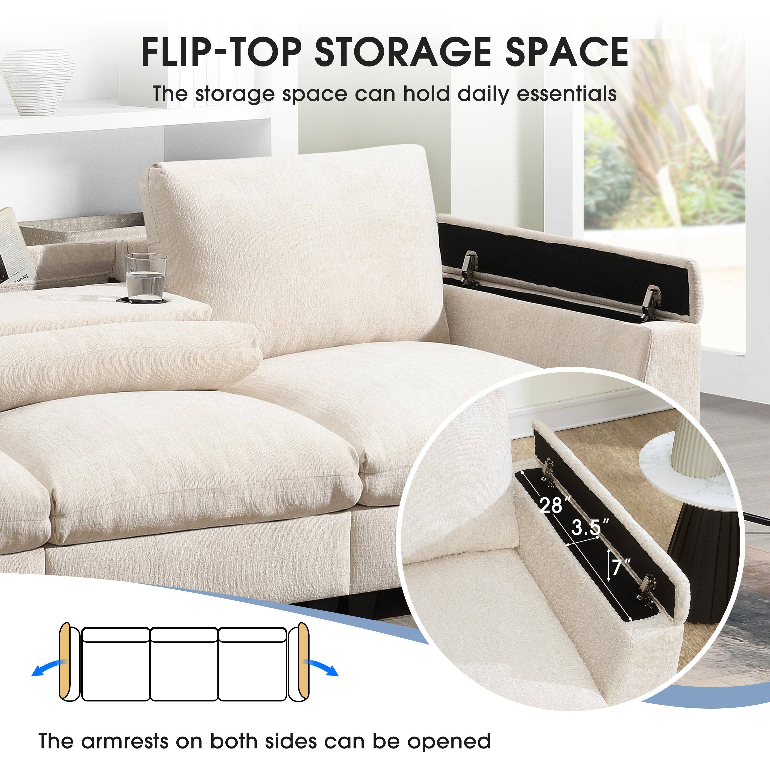 FLIP-TOP STORAGE SPACE  
The storage space can hold daily essentials  

The armrests on both sides can be opened