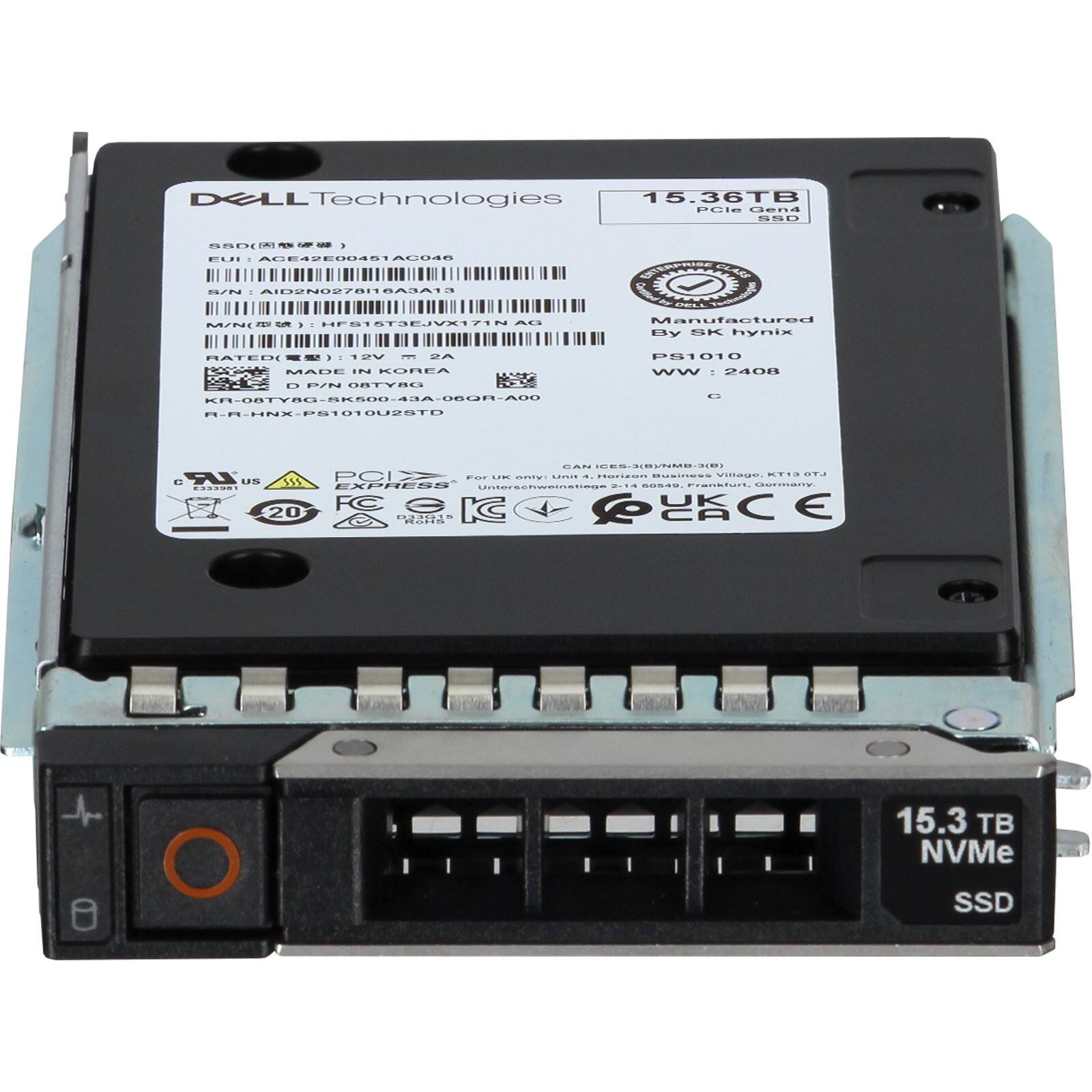 Dell Technologies  
15.36TB PCIe Gen4 NVMe SSD  

EUI: ACE42E000461AC046  
S/N: AID202071616A4A  
M/N: PS1010U2STD  
D/P/N: 08TYBG-SK500-43A-06GR-A00  
R: R-HNX-PS1010U2STD  

Manufactured By SK hynix  
PS1010  
WW: 2408  

15.3 TB NVMe SSD  

Made in Korea  
CE Mark  
RoHS  
Express  
FC UK 20