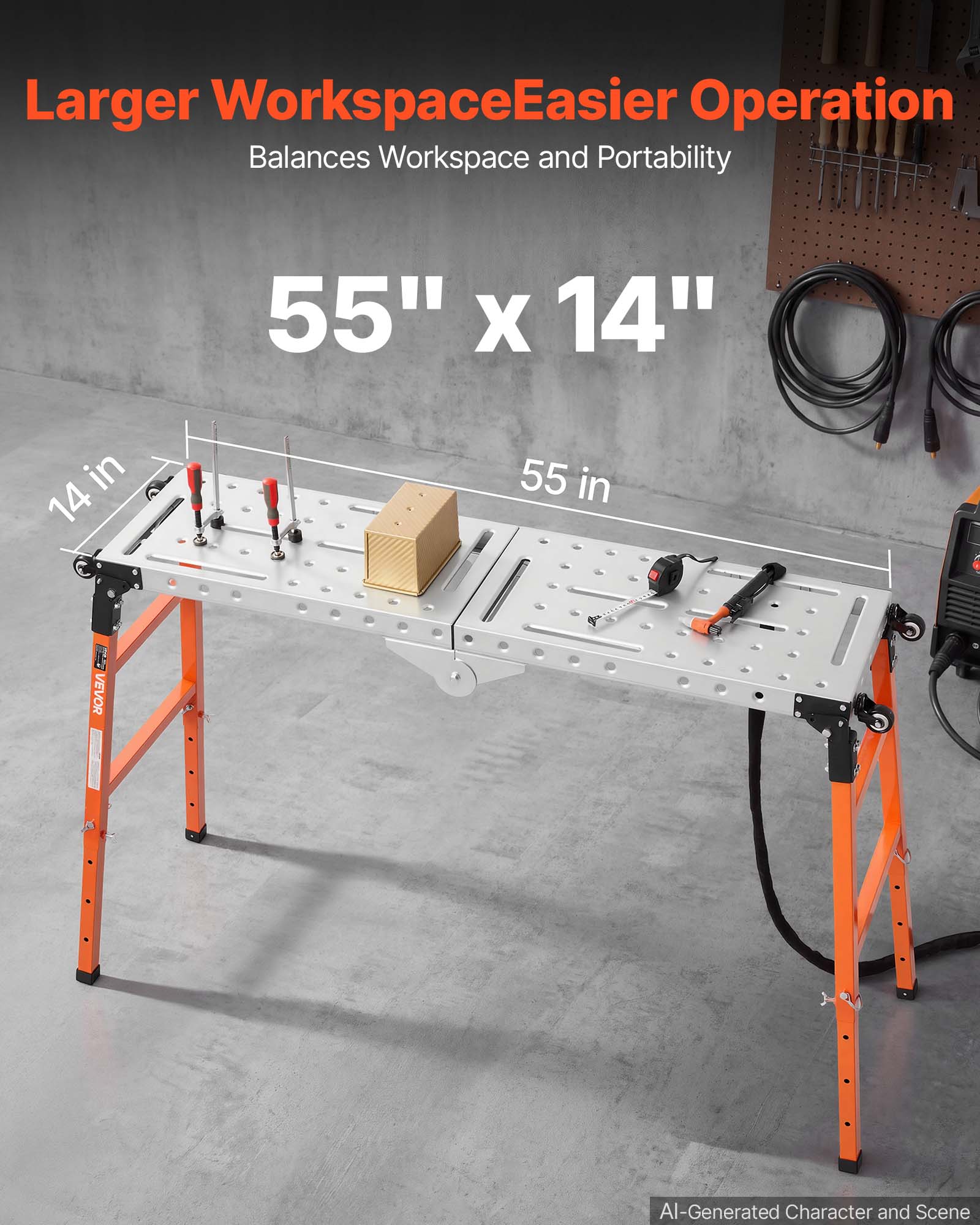 Larger Workspace Easier Operation  
Balances Workspace and Portability  
55" x 14"  
14 in  
55 in  
VEVOR  
AI-Generated Character and Scene