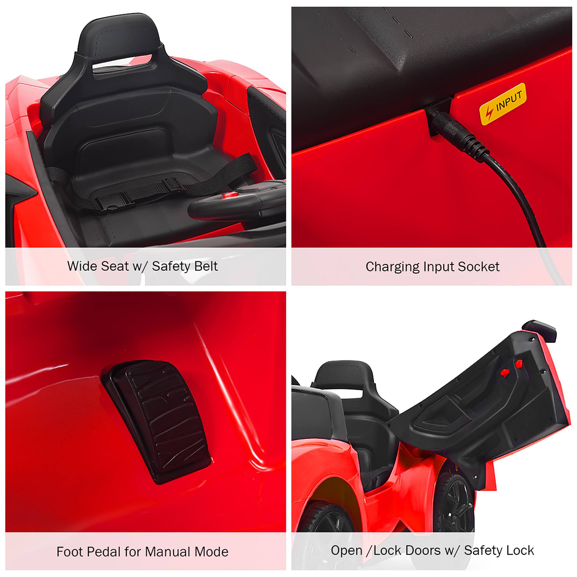 1. Wide Seat w/ Safety Belt
2. Charging Input Socket
3. Foot Pedal for Manual Mode
4. Open / Lock Doors w/ Safety Lock