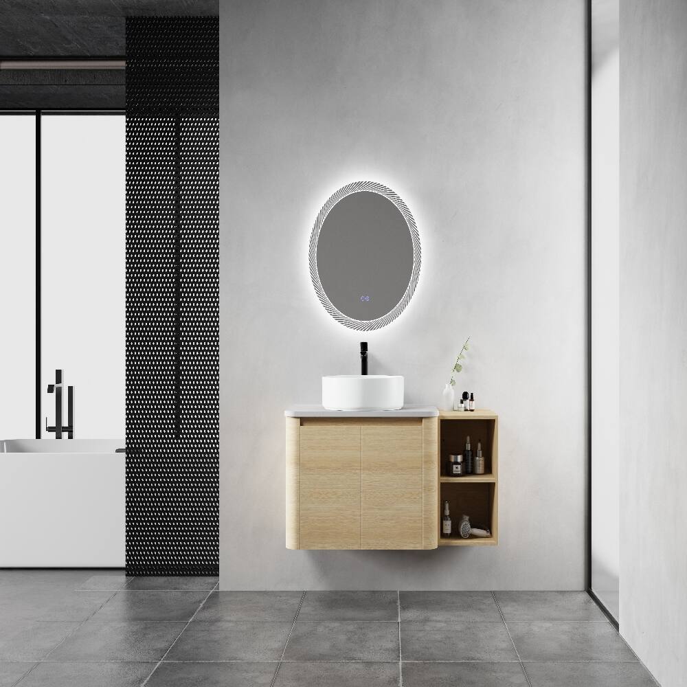 Angle. Loheer - 42 inch wall mounted bathroom vanity with ceramic art sink, modern floating vanity with storage shelves - American White Oak.