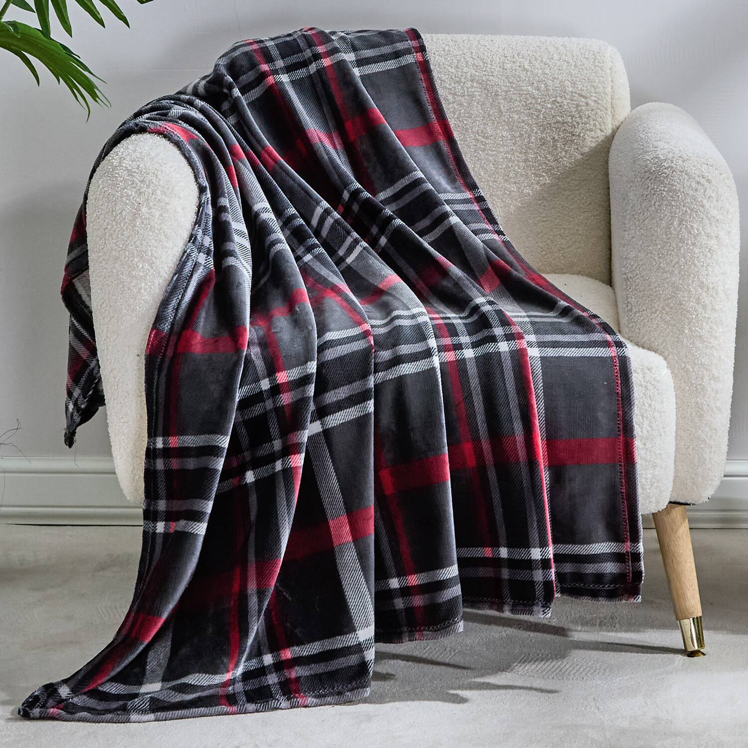 Angle. Plazatex - Plazatex Midnight Plaid 100% Polyester Lightweight Reversible Throw Blanket 50" x 60" Red Black - Red - Black.