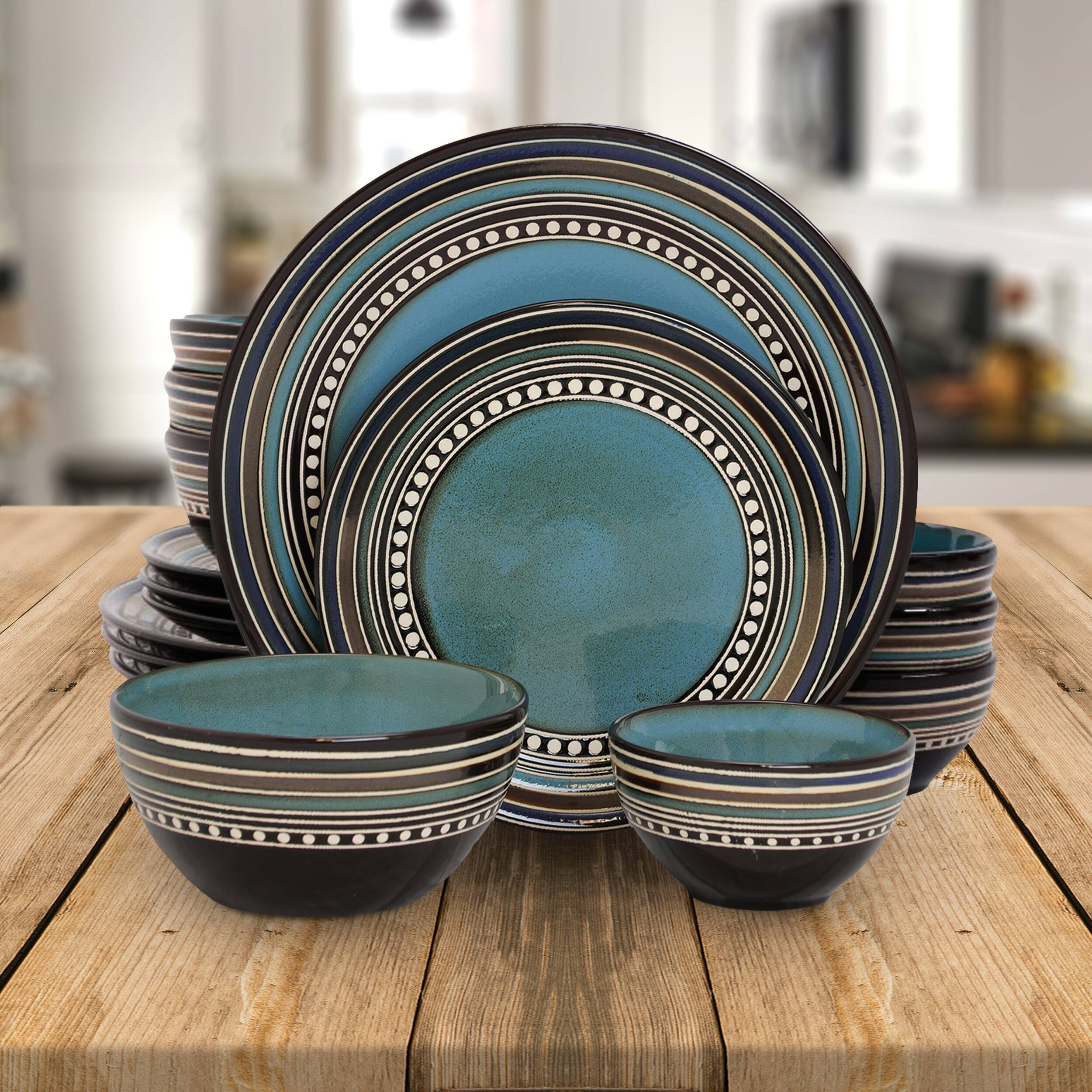 Alt View 8. Gibson - Gibson Elite Café Versailles 16 Piece Double Bowl Dinnerware Set in Blue - Blue.