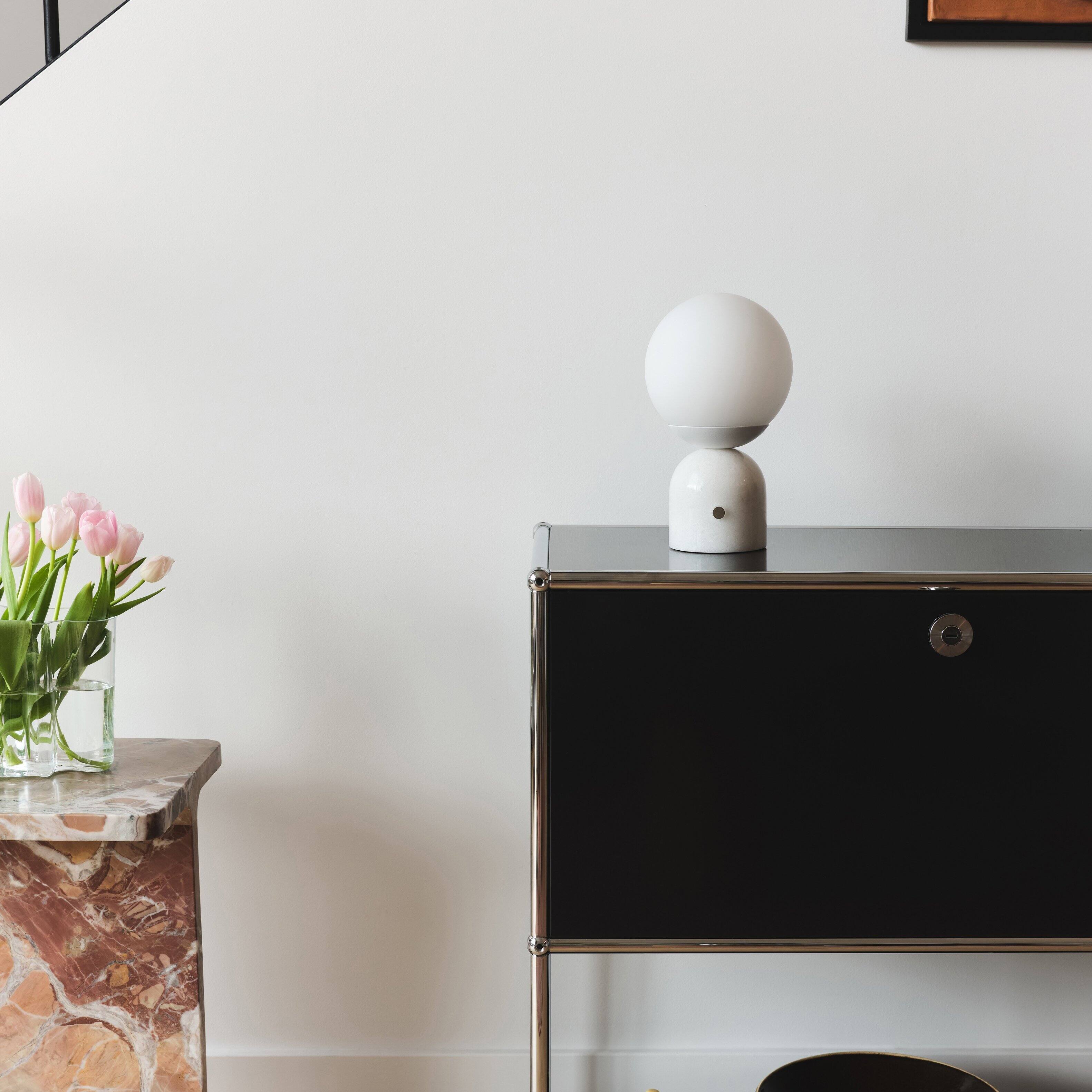 Alt View 6. Brightech - Mila LED Modern Contemporary Round Globe Dimmable Bedside Nightstand Desk Lamp with Frosted White Glass Shade - Glossy White Marble.