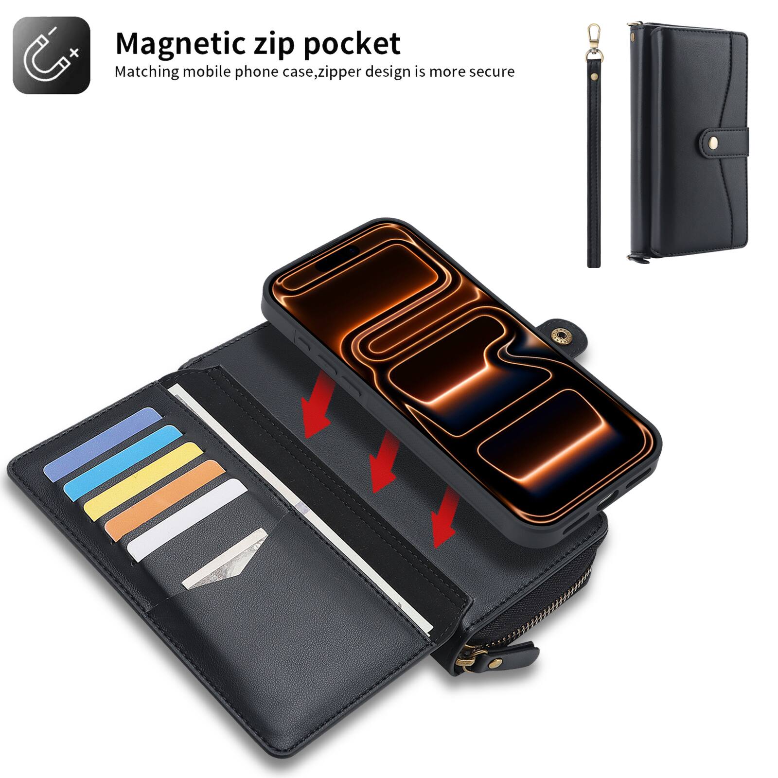 Magnetic zip pocket  
Matching mobile phone case, zipper design is more secure