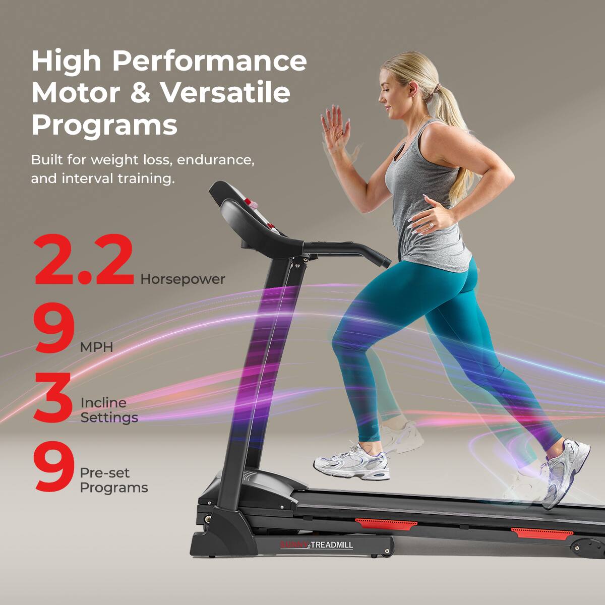 High Performance Motor & Versatile Programs
Built for weight loss, endurance, and interval training.
2.2 Horsepower
9 MPH
3 Incline Settings
9 Pre-set Programs
SUNNY TREADMILL