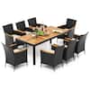 Front. Costway - 9 PCS Outdoor Dining Set with Acacia Wood Tabletop, Umbrella Hole, Seat Cushions - Black & Natural.