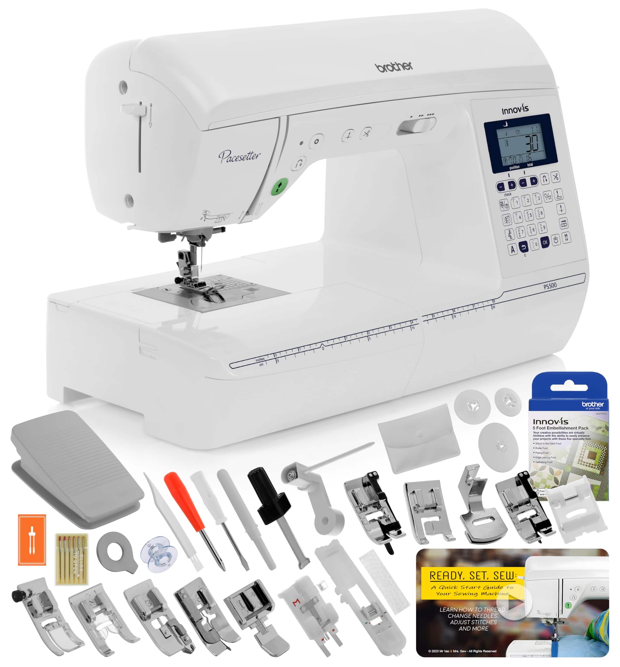 Brother - Innov-ís Pacesetter PS500 Computerized Sewing Machine - Includes 5 Sewing Foot Pack + Ready, Set, Sew Video - White