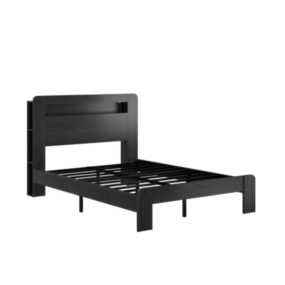 Alt View 4. LUCKY ONE - Full Size Wood Platform Bed Frame with Storage LED Headboard, USB Charging, Wood Slats, No Box Spring Needed - Black.