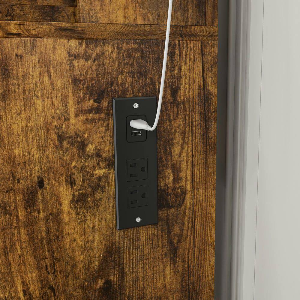 Back. Kadyn - Adjustable LED Mirror Vanity Desk with Power Outlet and Stool - Vintage - Brown.