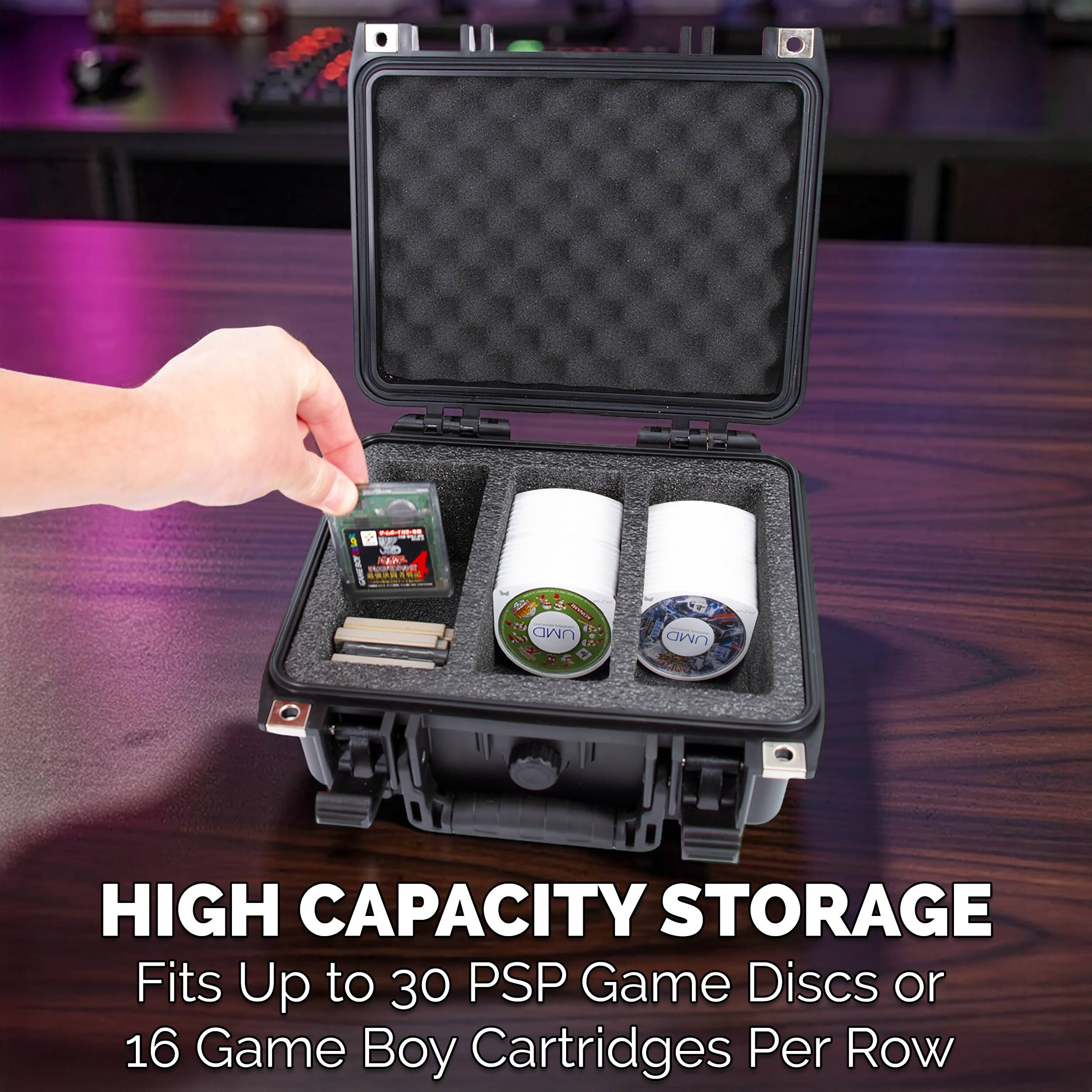 HIGH CAPACITY STORAGE  
Fits Up to 30 PSP Game Discs or 16 Game Boy Cartridges Per Row